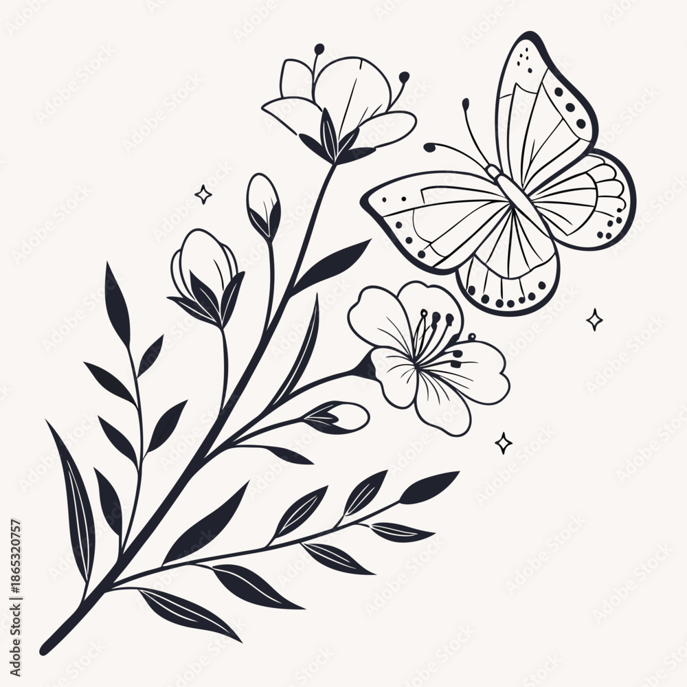 Fototapeta premium minimal botanical graphic sketch line art drawing, trendy tiny tattoo design, floral elements vector illustration