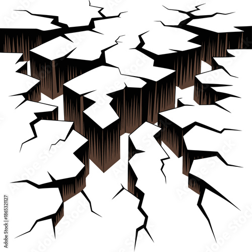 Abstract 3D illustration of deep cracked ground forming a dramatic chasm, symbolizing earthquake damage, environmental crisis, instability, and geological rupture viewed from an elevated perspective.