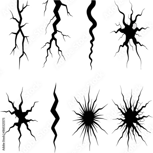 Abstract crack and fracture shapes radiate outward symbolizing breakage damage stress impact chaos decay and destructive forces
