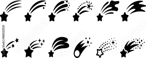 Stylized shooting star and comet icons in varied forms illustrate motion magic celestial travel wishes and cosmic symbolism