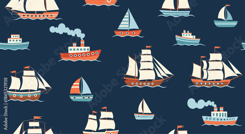 Colorful sailing ships and steamers drift across a dark navy background in a playful nautical pattern suitable for fabric and wallpaper designs.