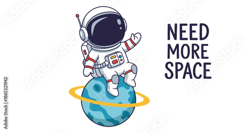 Cartoon astronaut in a white suit sits on a blue planet with a bright yellow ring while the bold message need more space appears beside the character.