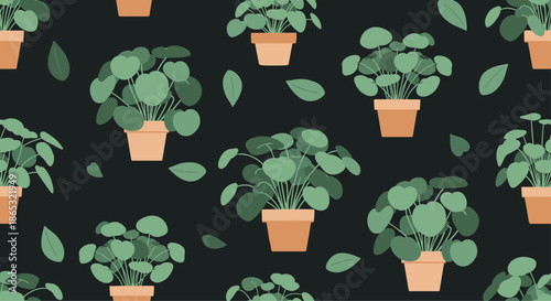 Pattern of potted green houseplants in terracotta pots arranged on a dark background creating a lush decorative botanical wallpaper.