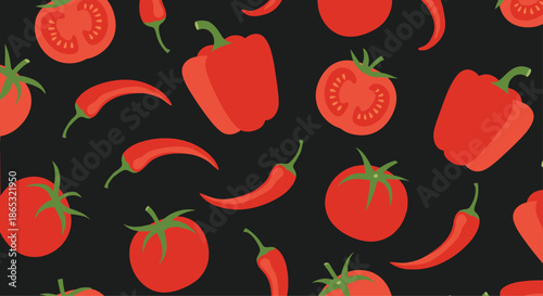 Colorful seamless pattern of red peppers tomatoes and chili peppers on a black background suitable for vibrant food themed design projects.