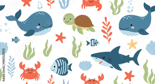 Colorful underwater scene shows blue whales sea turtles crabs a shark tropical fish starfish coral and seaweed in a playful marine landscape.