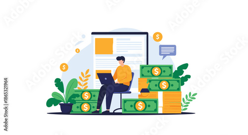 Person sits at a modern home office working on a laptop while cash stacks and coins surround plants to symbolize online income and growing financial stability.