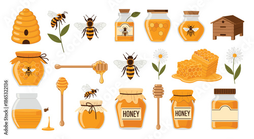 Bees buzz around honey jars beehive honeycomb flowers and beekeeping tools arranged in a warm scene that highlights honey products and hive essentials.