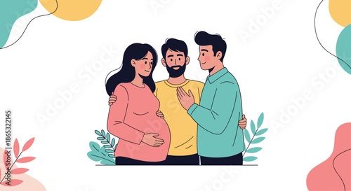 Three friends surround a pregnant woman with gentle support and warmth in a colorful illustration that conveys anticipation and shared care and joy.