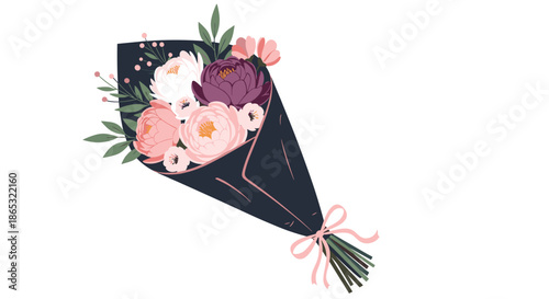 Elegant bouquet of pink and white flowers wrapped in dark navy paper with a soft ribbon tied at the stem for a heartfelt gift.