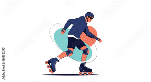 Skater wearing a helmet knee pads and wrist guards glides forward on inline skates as colorful abstract shapes swirl behind to convey speed and motion.