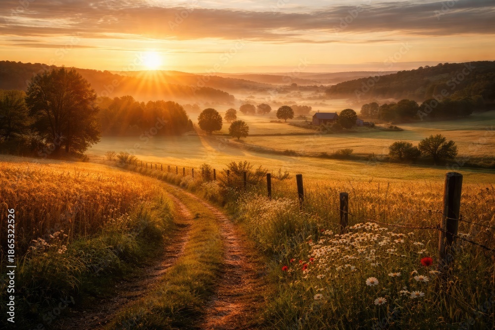 Obraz premium Radiant dawn light touching peaceful rural fields