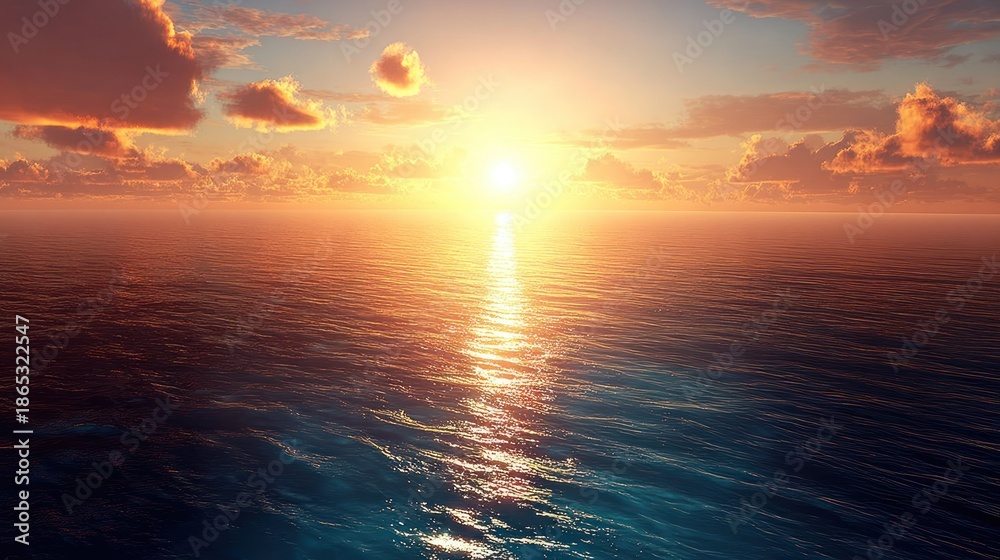 Fototapeta premium Brilliant sunlight illuminates vast ocean waves during a dramatic warm-toned sunset