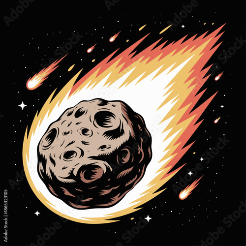 Fiery meteor flying through space with blazing flames, cosmic asteroid illustration on dark background, dramatic celestial impact concept