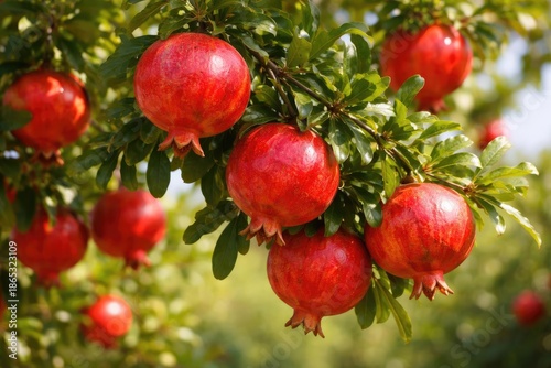 Close up of a fruit laden pomegranate tree branch