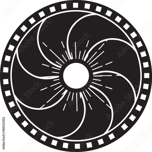 A camera aperture graphic illustration on a white background with film reel elements surrounding a circular design
