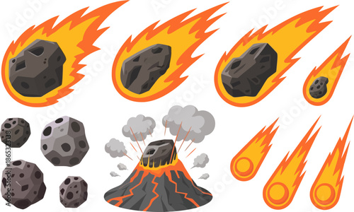 Cartoon meteorites and volcanic eruption set with falling asteroids fire trails lava explosion isolated on white background illustration vector
