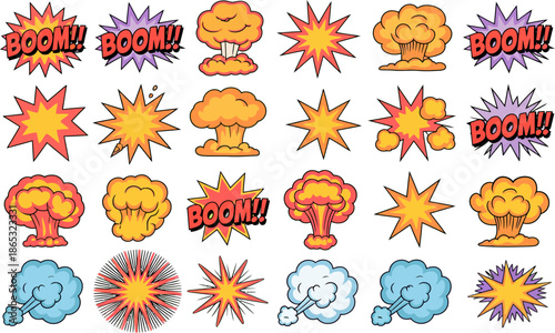 Colorful comic explosion and impact effects set featuring blasts clouds bursts and booms isolated on white background illustration vector