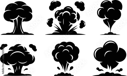 Black silhouette nuclear explosion mushroom clouds set showing powerful blasts smoke plumes and shockwaves isolated on white background