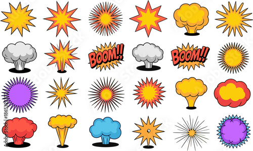 Colorful comic explosion and impact effects set featuring blasts clouds bursts and booms isolated on white background illustration vector