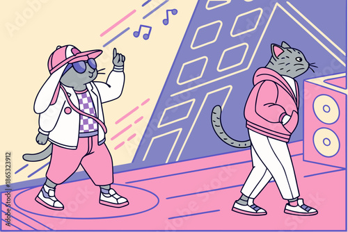 Hip Hop Cats Grooving in a Vibrant Urban Music Scene