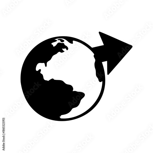 Global direction icon featuring an arrow pointing outwards from the earth, symbolizing progress and movement