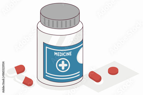 Isometric Medicine Bottle and Pills for Healthcare and Treatment