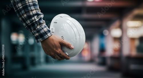 man holding white safety helmet in hand in construction site