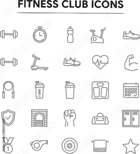 Comprehensive collection of line art icons representing various fitness club activities equipment and sports accessories for health and wellness tracking