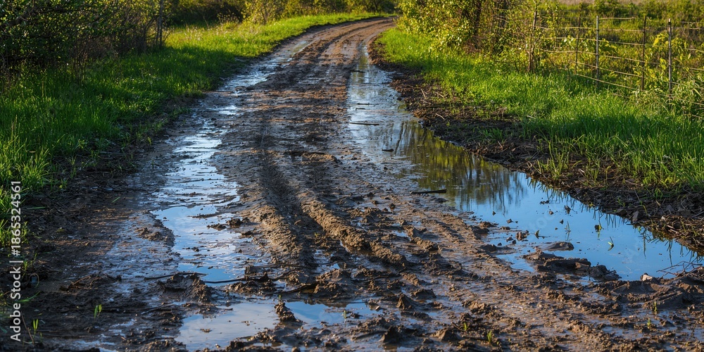 Obraz premium Water-filled ruts on a dirt road during spring, seasonal erosion risk