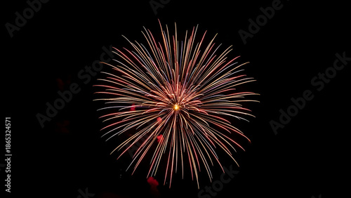 Vibrant firework exploding in the night sky, showcasing a dazzling display of red, orange, and gold colors