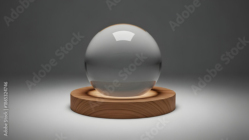 A translucent oval object with a soft glow rests elegantly on a natural wooden base