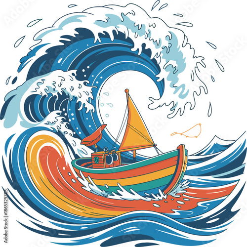 Stylized illustration of a small wooden sailboat confronting a massive ocean wave, symbolizing adventure, danger, courage, and maritime journey.