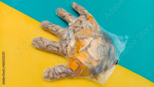 A transparent plastic glove packed with peanut shells and orange peels, place on vibrant yellow and teal background.