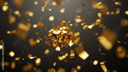 Golden confetti exploding and falling against a dark background, celebrating success or a special event