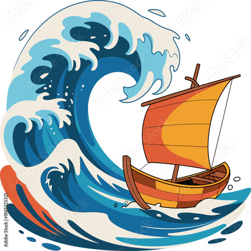 Stylized illustration of a small wooden sailboat confronting a massive ocean wave, symbolizing adventure, danger, courage, and maritime journey.