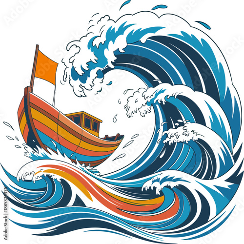 Stylized illustration of a small wooden sailboat confronting a massive ocean wave, symbolizing adventure, danger, courage, and maritime journey.