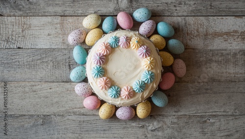 Traditional Easter cake with vibrant eggs displayed on a rustic wooden surface, festive baking and decoration