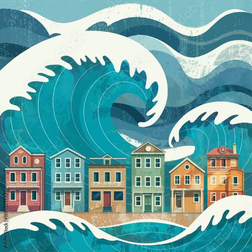 Stylized illustration of colorful seaside houses facing a massive curling ocean wave, blending folk art charm with dramatic coastal storytelling.