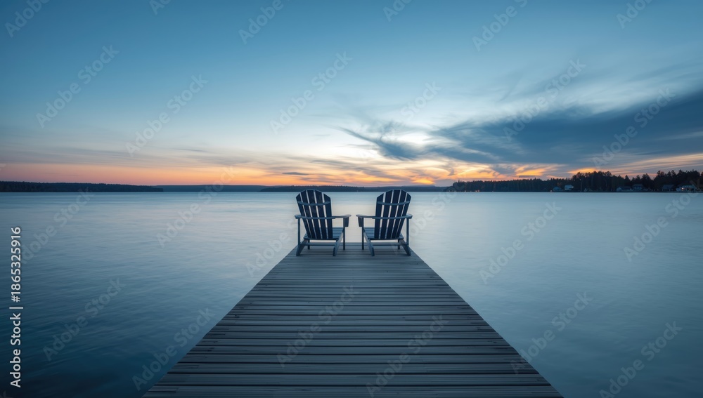Obraz premium Weathered Adirondack chairs positioned on a pier facing a tranquil lake with a clear sky, ideal for outdoor leisure