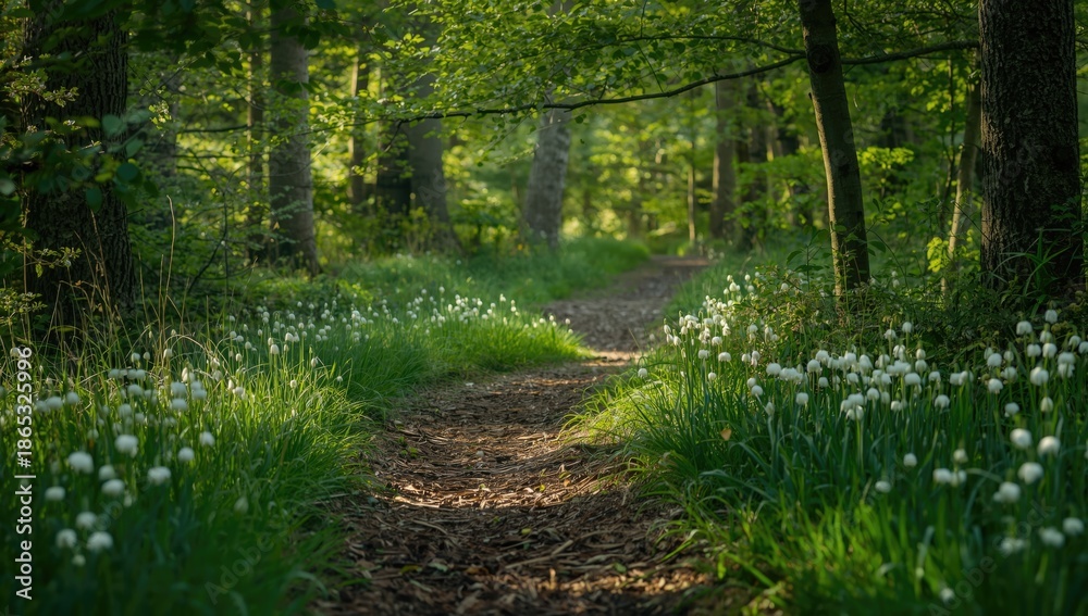 Fototapeta premium Forest pathway lined with flowering Ramson, highlighting natural landscape and plant life