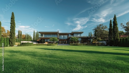 Modern mansion with large windows and outdoor pool in a private estate, focusing on luxury living, no holiday observance