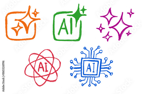 Artificial Intelligence Icon Crayon Chalk Drawing Doodle Vector Set
