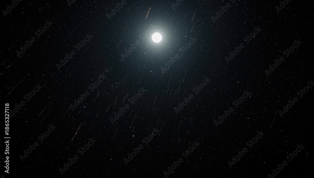 Fototapeta premium Luminous moon with meteor showers across a star-filled sky, illustrating astronomical phenomena at night
