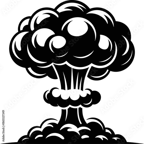 Black and white illustration of a nuclear explosion mushroom cloud, representing atomic blast, destruction, danger, and catastrophic power symbolism.