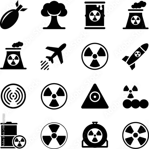 Collection of black nuclear weapon and radiation hazard icons depicting missiles, reactors, explosions, power plants, and warning symbols set.