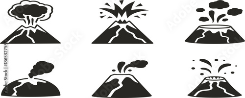 Repeating volcano logo design with erupting lava and bold typography, clean vector style, suitable for branding, labels, and warning concepts.