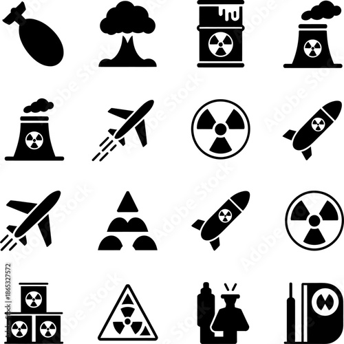 Collection of black nuclear weapon and radiation hazard icons depicting missiles, reactors, explosions, power plants, and warning symbols set.