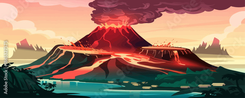 Colorful digital illustration of erupting volcano at night with glowing lava, tropical palm trees, dramatic sky, fantasy landscape scene