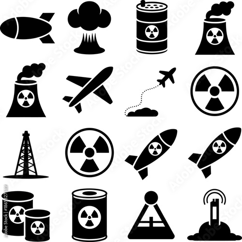 Collection of black nuclear weapon and radiation hazard icons depicting missiles, reactors, explosions, power plants, and warning symbols set.