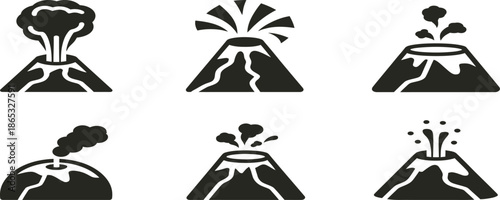 Repeating volcano logo design with erupting lava and bold typography, clean vector style, suitable for branding, labels, and warning concepts.